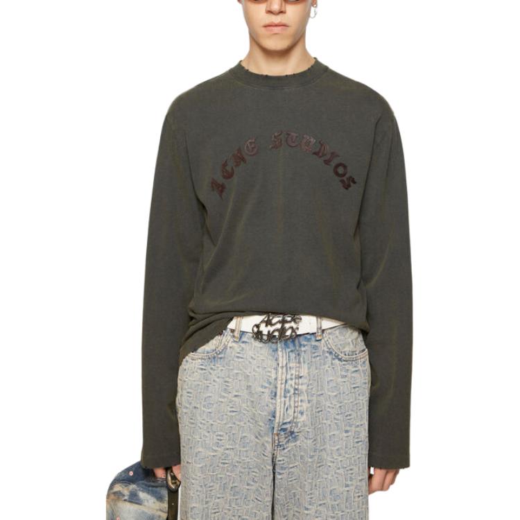 Lookbook Acne Studios FW24 Washed Black Leather Applique Logo Oversized Long Sleeve Tee Unisex CL0304-BM0