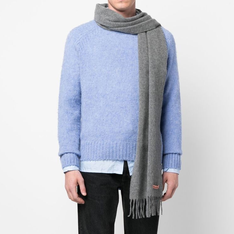 Lookbook Acne Studios Logo Solid Color Knit Warm Scarf with Fringe -  Edition CA0218990-Grey