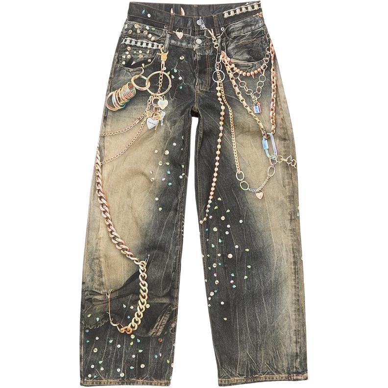 Acne Studios Lunar New Year SS26 Black Gold Chain Print Loose Fit Denim Jeans Unisex C00126-AOM