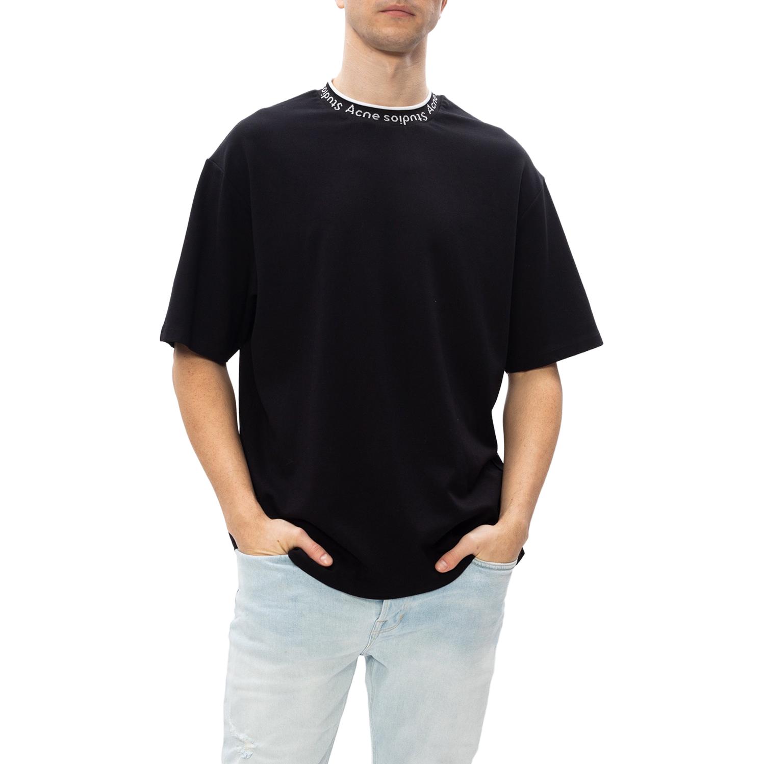 Purchase 아크네 스튜디오 남성 루즈핏 블랙 로고 넥라인 티셔츠. BL0221-900
