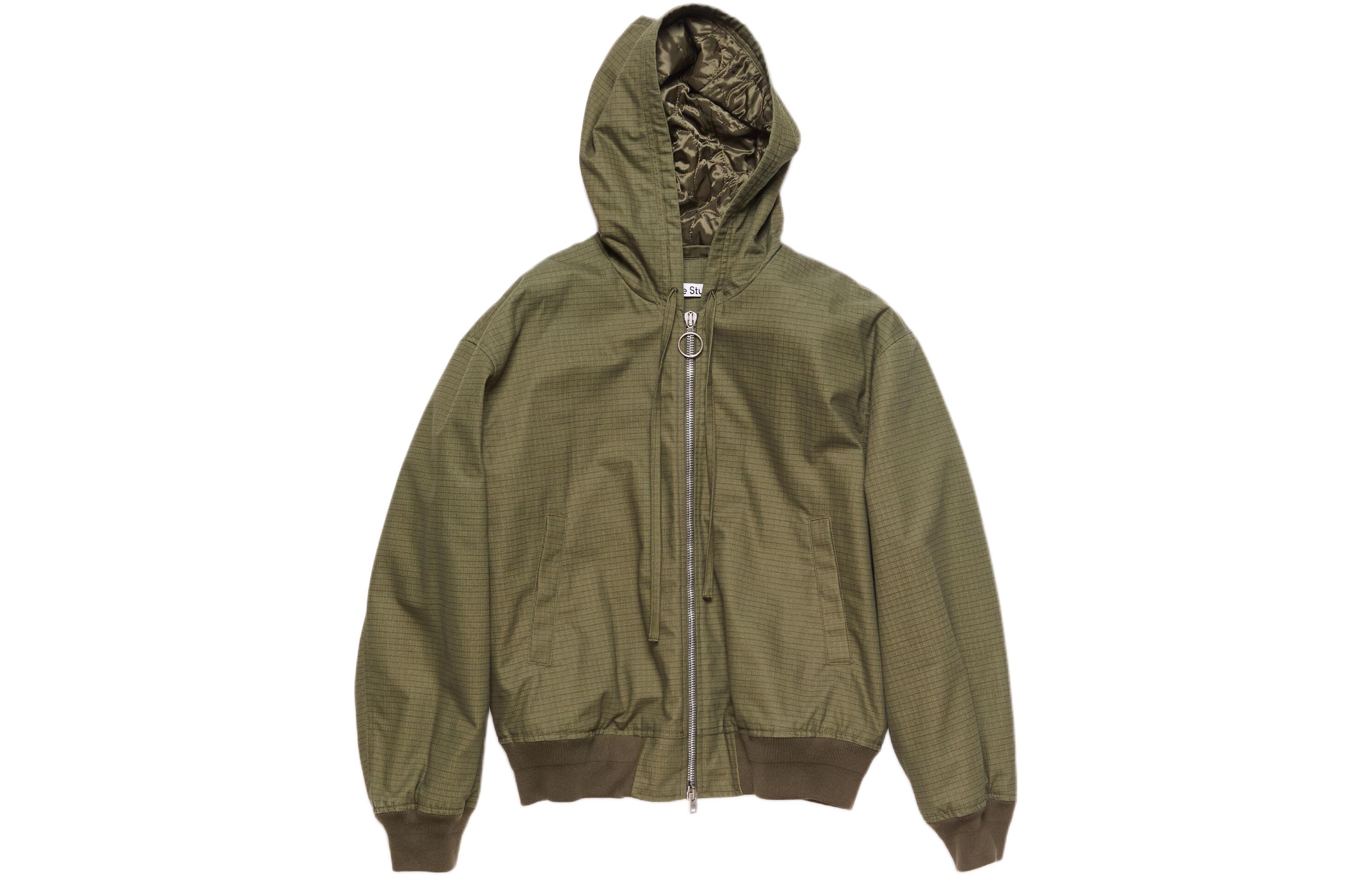 Acne Studios Olive Green Checkered Drawstring Hoodie Zip Jacket B90754-AB7