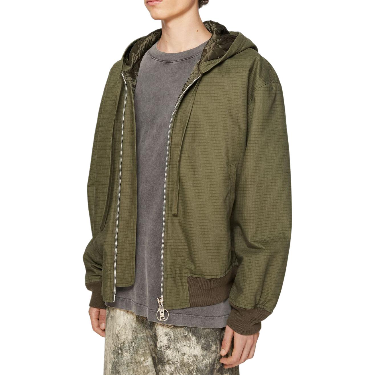 Purchase Acne Studios Hoodie Jaket Olive Green Kotak-Kotak dengan Tali Serut dan Resleting B90754-AB7