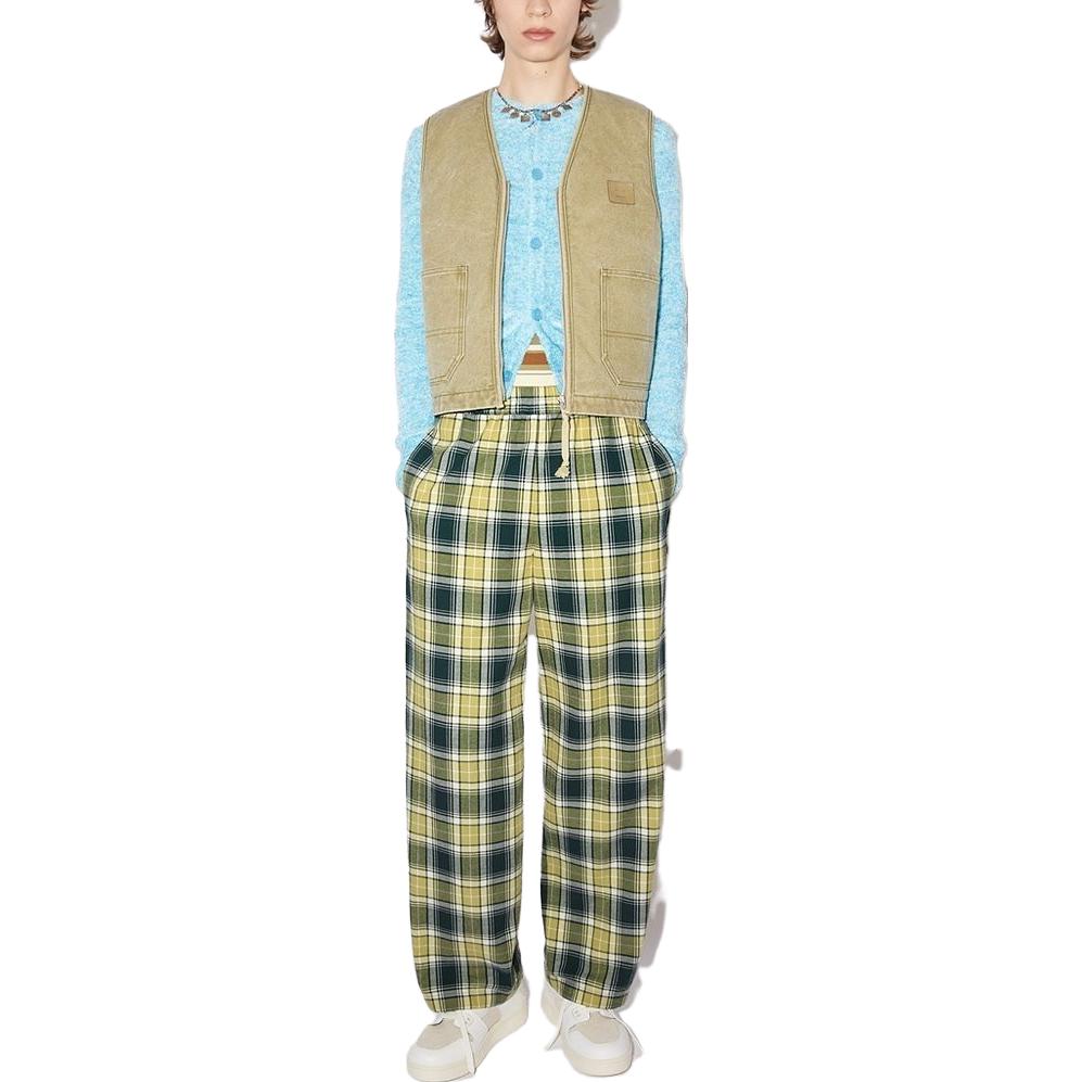 Shop 아크네 스튜디오 체크 드로스트링 스트레이트핏 미드라이즈 바지 포레스트 그린 유니섹스 CK0085-CYV