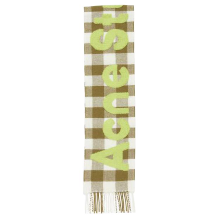 Acne Studios Plaid Logo Wool Nylon Scarf Khaki/Green Unisex. CA0345DE4