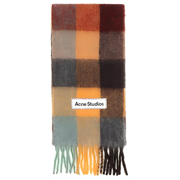 Acne Studios Plaid Pattern Wool Scarf Unisex Chestnut Brown/Yellow/Green CA0084-BO9