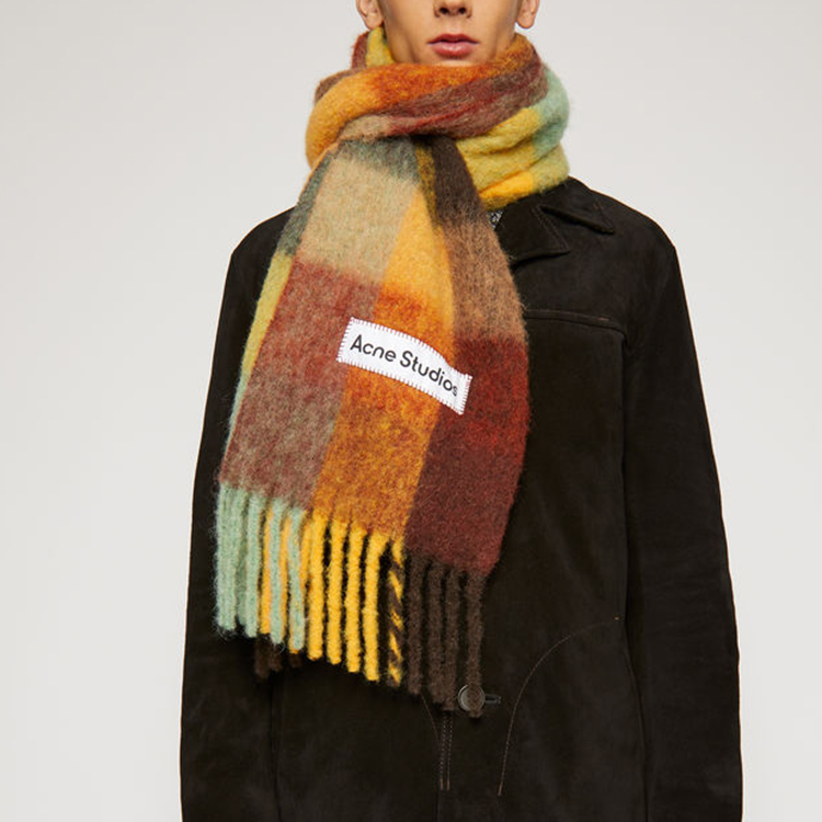 Acne Studios Plaid Pattern Wool Scarf Unisex Chestnut Brown/Yellow/Green CA0084-BO9 圖 5