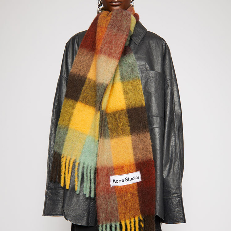 Acne Studios Plaid Pattern Wool Scarf Unisex Chestnut Brown/Yellow/Green CA0084-BO9 圖 6