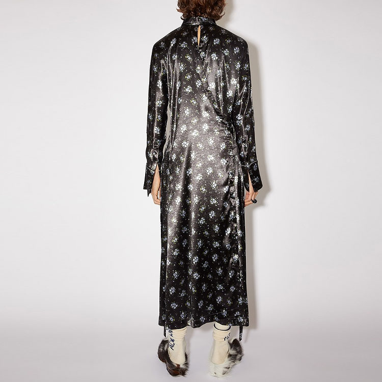 Shop Acne Studios SS21 印花長袖腰帶襯衫洋裝 黑色 A20322-AHJ