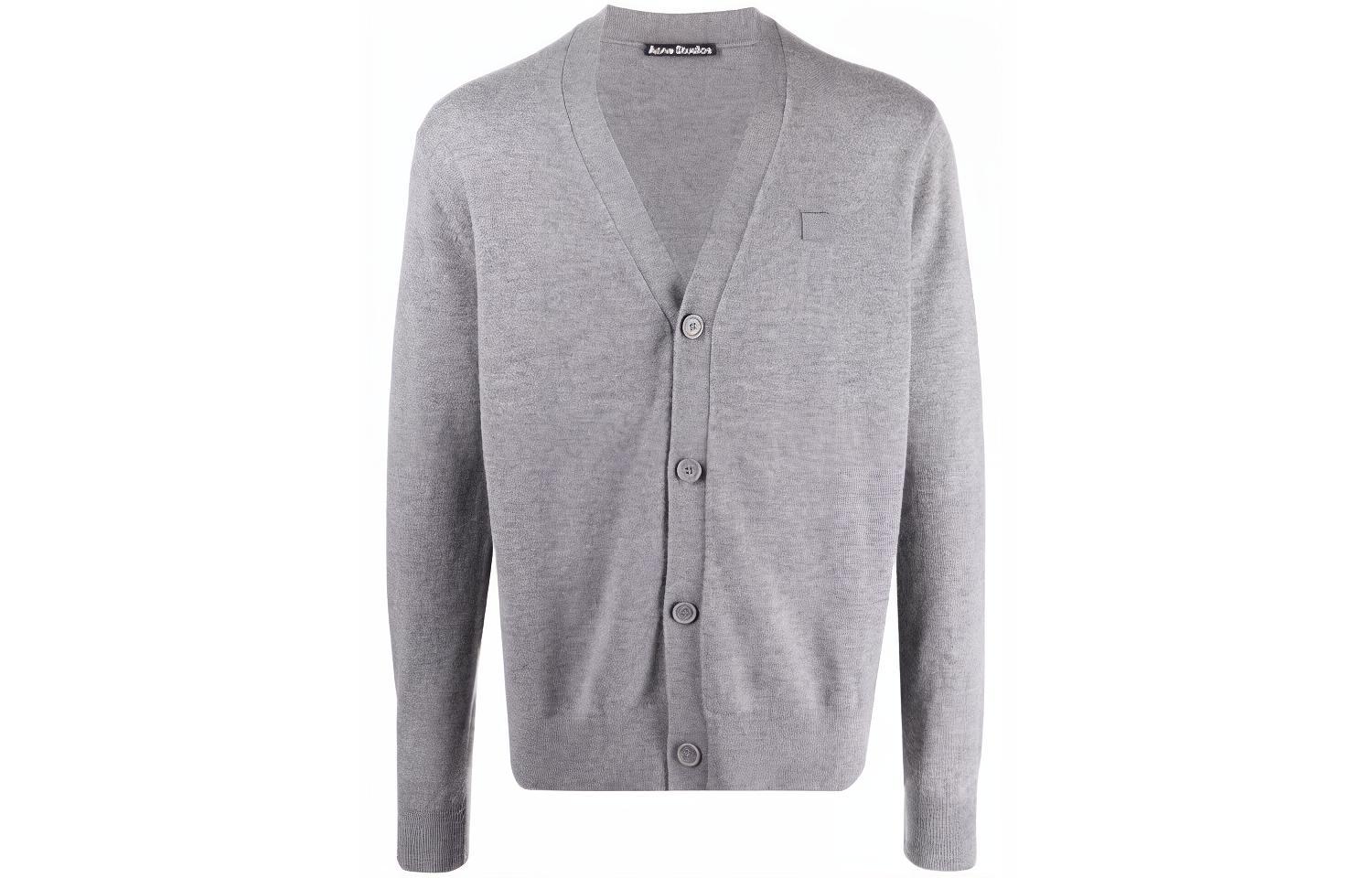 Acne Studios SS21 Unisex Grey Wool V-Neck Face Long Sleeve Sweater. C60038-990