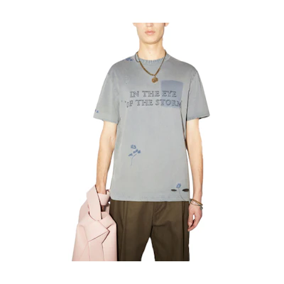 Acne Studios SS22 Blue Distressed Crewneck T-Shirt with Embroidered Logo. BL0308-822
