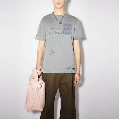 Acne Studios SS22 Blue Distressed Crewneck T-Shirt with Embroidered Logo. BL0308-822 Shop Acne Studios SS22 Blue Distressed Crewneck T-Shirt with Embroidered Logo. BL0308-822