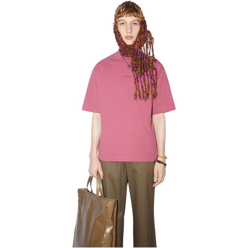 Shop 아크네 스튜디오 SS22 핑크 로고 프린트 반팔 크루넥 티셔츠. BL0278-ACX