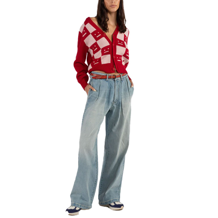 Lookbook アクネ ストゥディオズ SS22 チェック柄ロゴ ボタンニットセーター ユニセックス レッド C60059-CW6