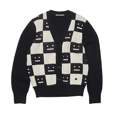 Acne Studios SS22 Face Checkered Wool V-Neck Cardigan Unisex Black Sweater. C60059-CW8