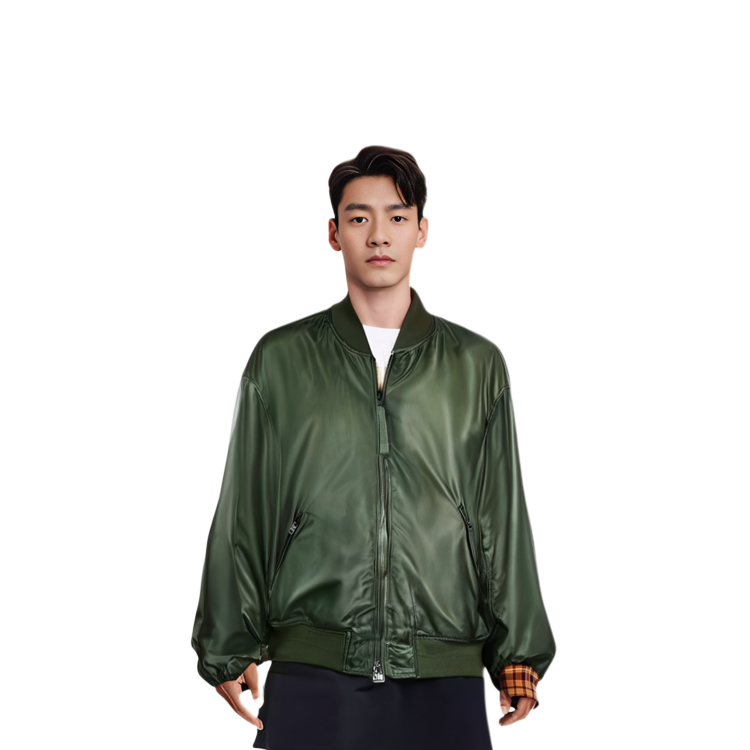 Details for Acne Studios SS22 Green Bomber Jacket with Baseball Collar Zip-Up B90612-AB7