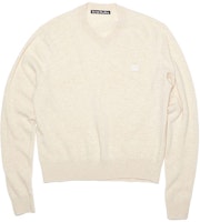 Acne Studios SS22 Oatmeal V-Neck Wool Sweater Unisex with Logo Patch. C60048-633 Acne Studios SS22 Oatmeal V-Neck Wool Sweater Unisex with Logo Patch. C60048-633