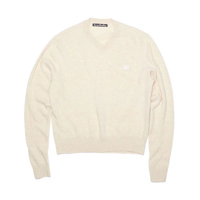 Acne Studios SS22 Oatmeal V-Neck Wool Sweater Unisex with Logo Patch. C60048-633