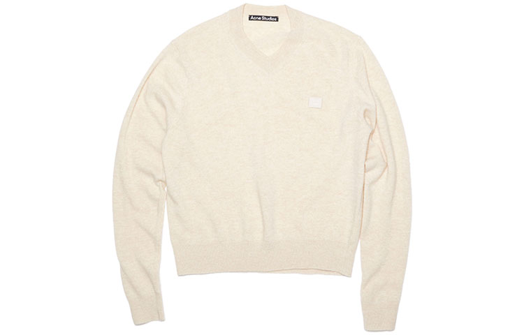 Order Acne Studios SS22 Sweater Oatmeal V-Leher Wool Unisex dengan Patch Logo. C60048-633