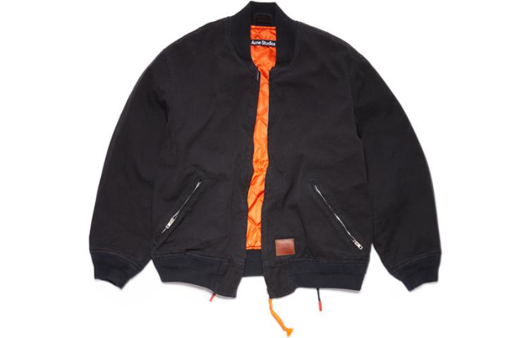 Acne Studios SS22 Unisex Black Zip-Up Bomber Jacket with Logo Patch. C90100-900