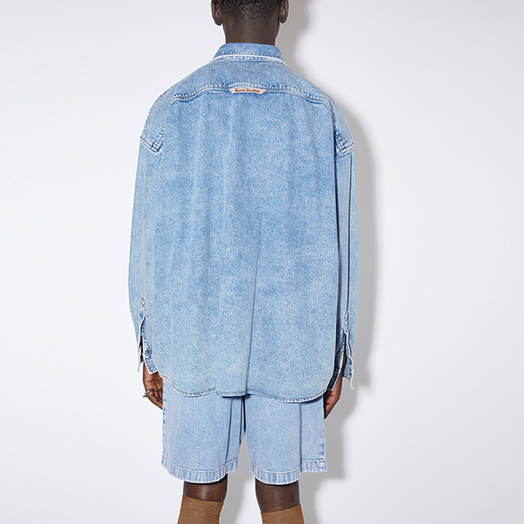 Shop Acne Studios SS23 Kemeja Cotton Denim Biru Washed Button-Up Relaxed Style. BB0516-135