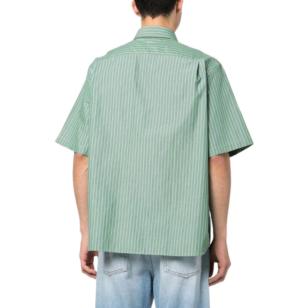 Shop Acne Studios SS23 Kemeja Pria Lengan Pendek Garis Hijau Patch Kasual. CB0043-DCO
