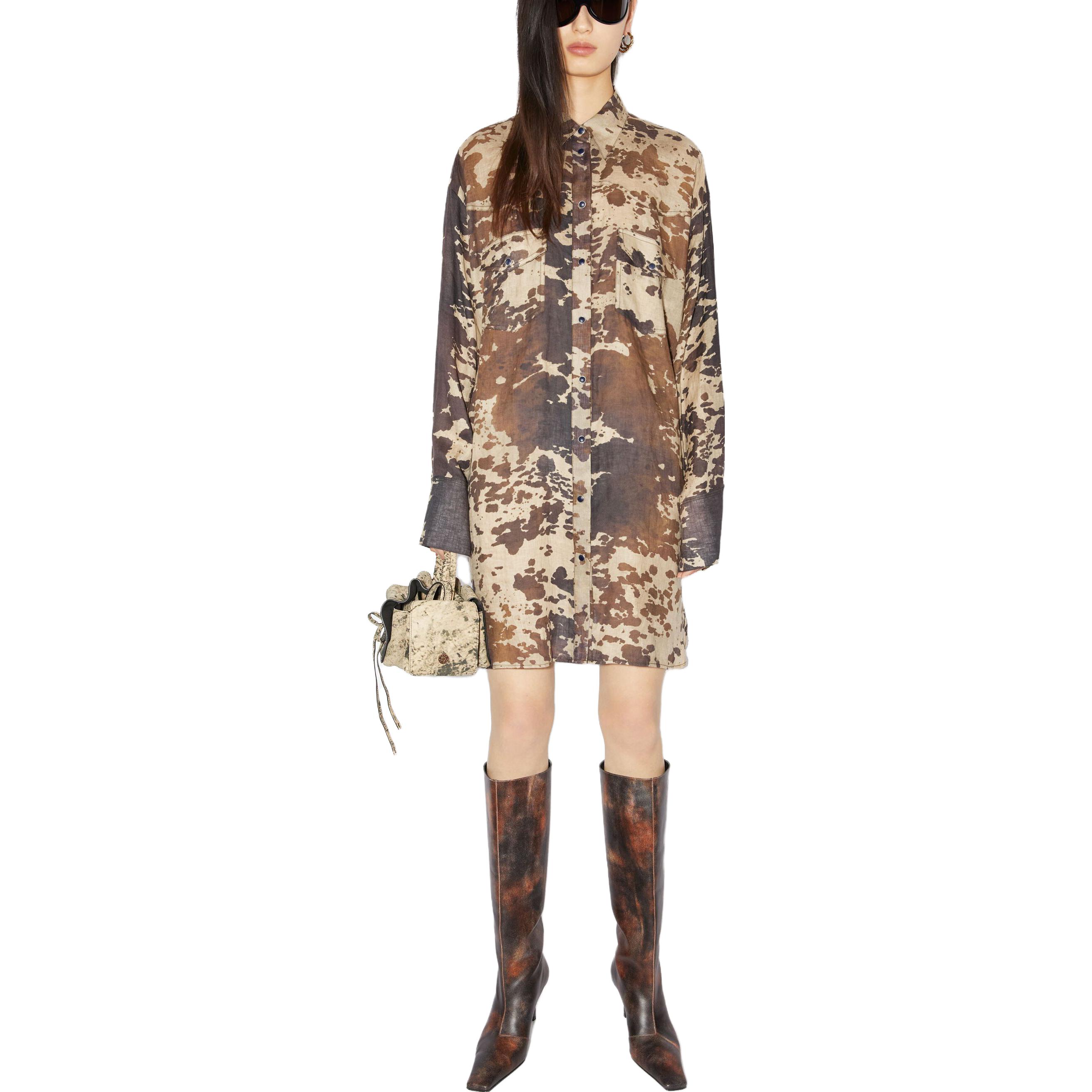 Lookbook Acne Studios SS23 橄欖色噴漆印花寬鬆長袖襯衫裙 A20572-ADM