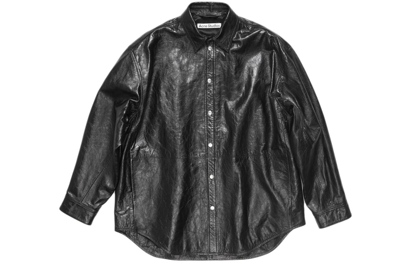 Acne Studios SS24  Black Leather Oversized Shirt Jacket with Point Collar. B70137900