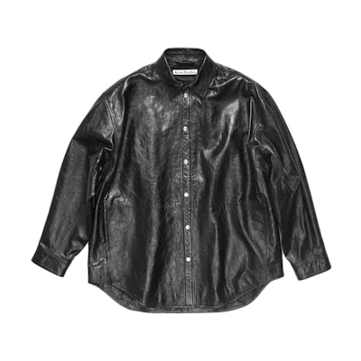 Acne Studios SS24 Black Leather Oversized Shirt Jacket with Point Collar. B70137900
