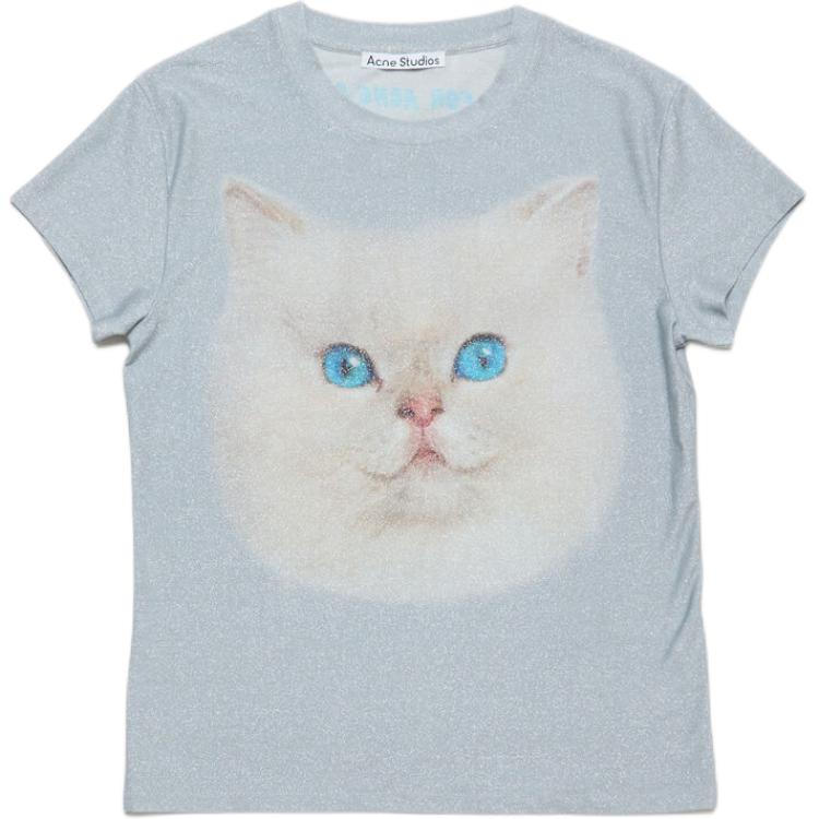 Acne Studios SS24  Cat Print Light Blue Crewneck Casual T-Shirt. BL0397-AAV