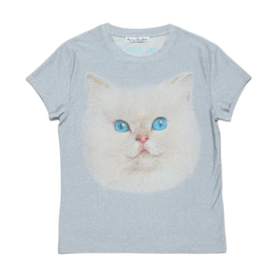Acne Studios SS24 Cat Print Light Blue Crewneck Casual T-Shirt. BL0397-AAV