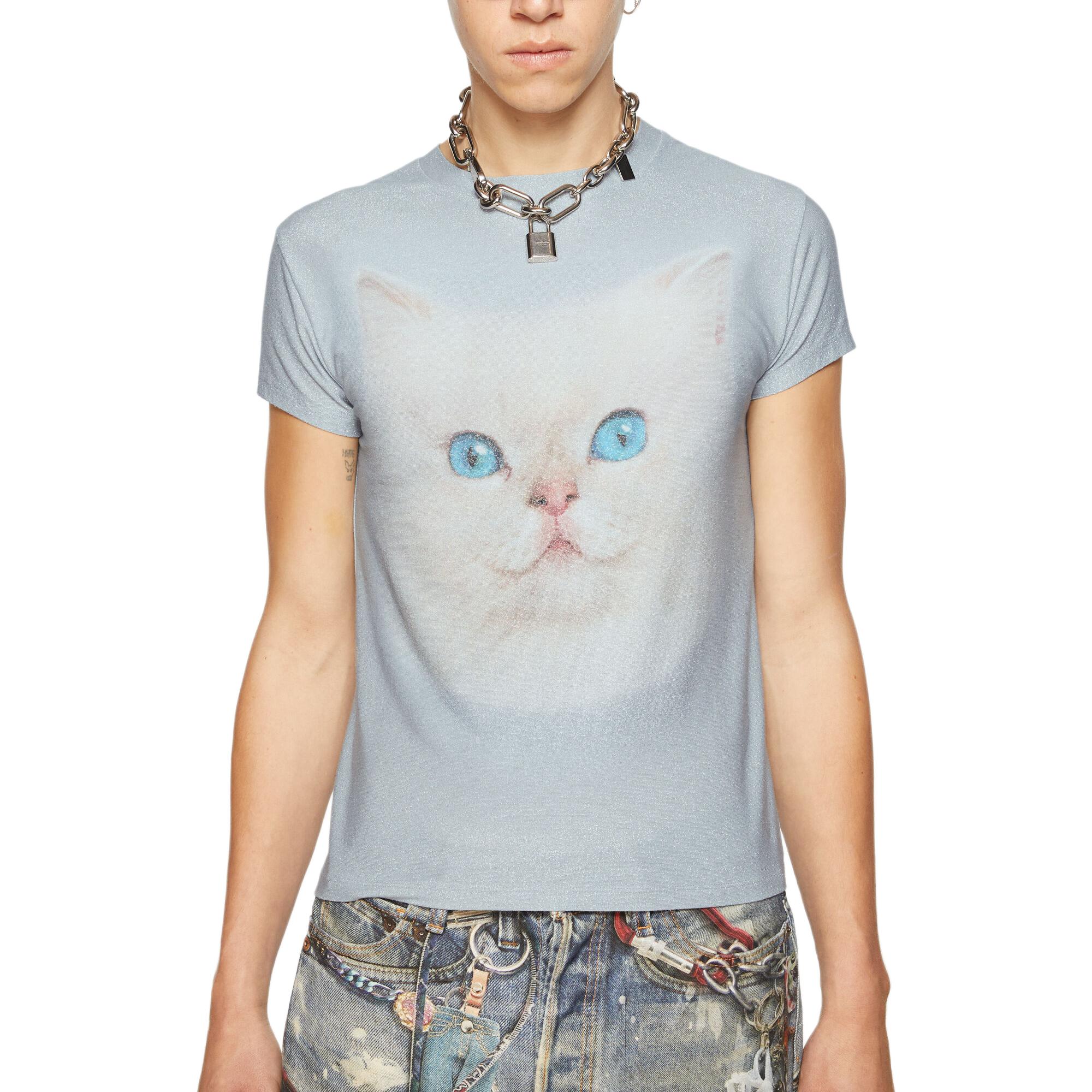 Lookbook Acne Studios SS24 Baju-T Leher Bulat Cetak Kucing Biru Muda Kasual. BL0397-AAV
