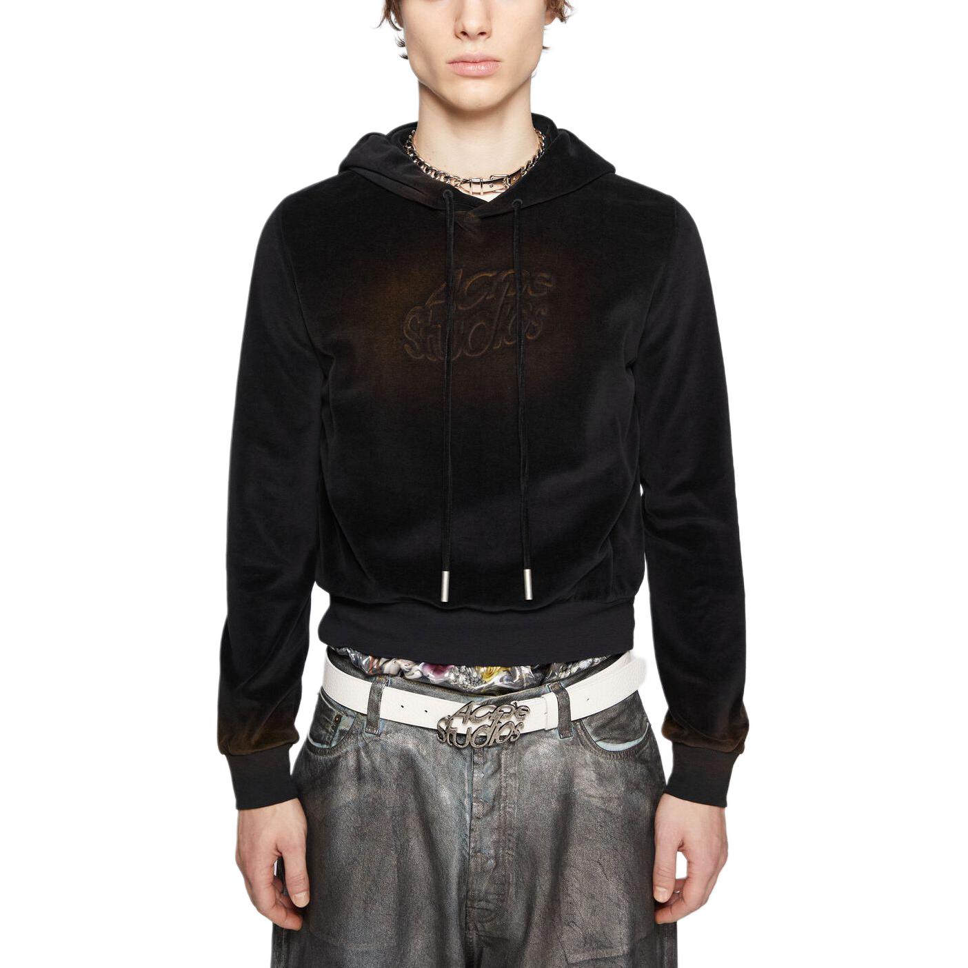 Lookbook 아크네 스튜디오 SS24 블랙 후디, 스프레이 디테일, 엠보 로고, 유니섹스 핏. CI0162-900