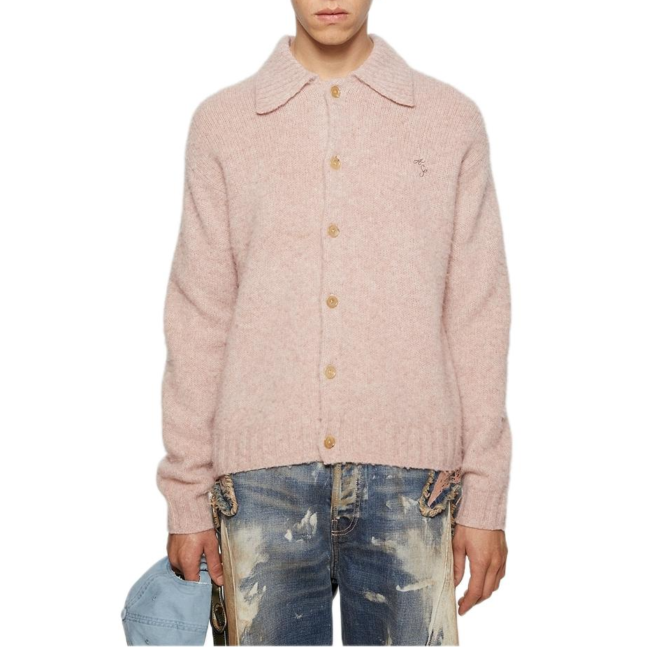 Shop Acne Studios SS24 刺繡羊毛針織長袖Polo毛衣 男士粉色混合款 B60294-AI4