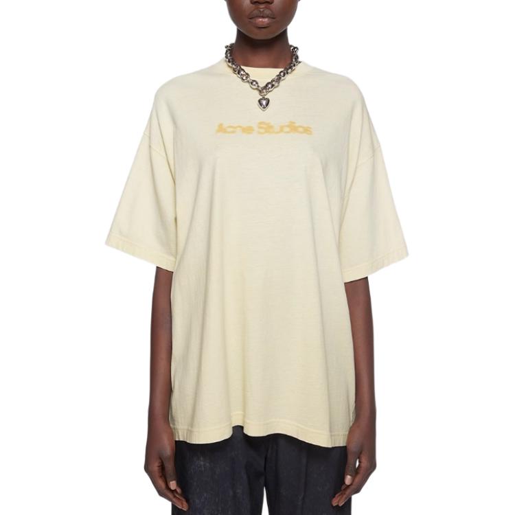 Lookbook 아크네 스튜디오 SS24 페이디드 로고 루즈핏 티셔츠 유니섹스 라이트 옐로우. CL0303-ABT