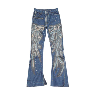 Acne Studios SS24 High-Waisted Flare Printed Denim Jeans Men Mid-Blue. BK0627-863