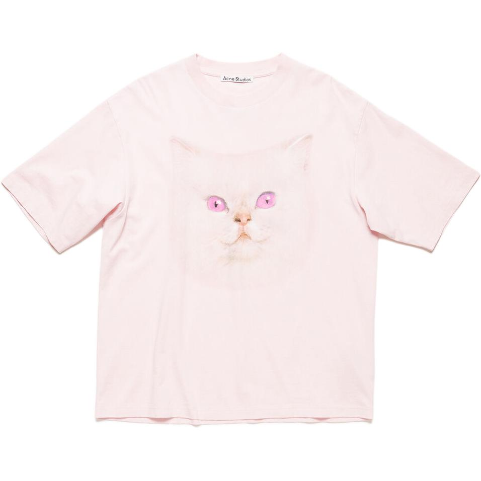 Acne Studios SS24 Pet Series Cat Print Unisex Pink Crewneck Casual T-Shirt. CL0297-DKY