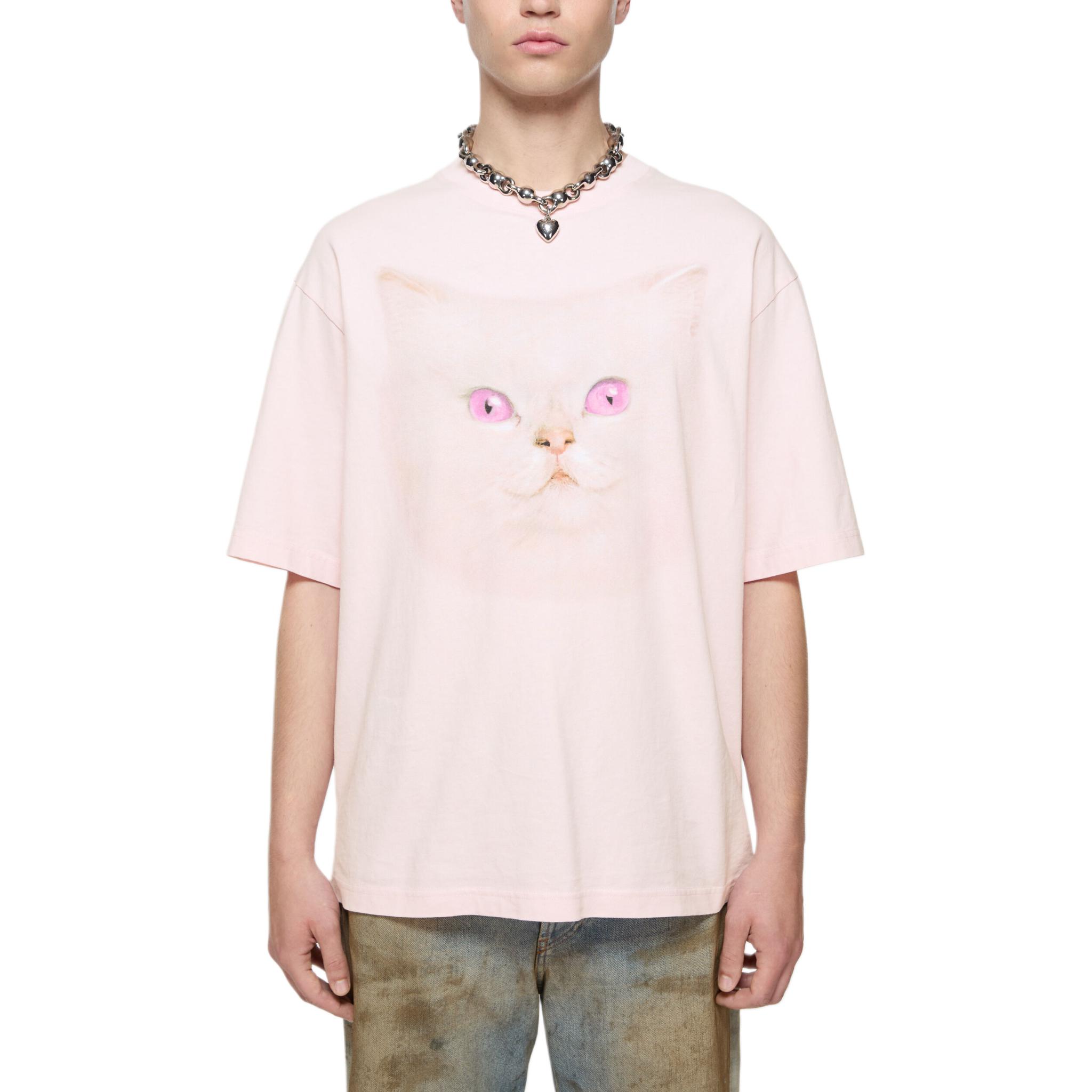 Lookbook Acne Studios SS24 Pet Series Cat Print Unisex Pink Crewneck Casual T-Shirt. CL0297-DKY