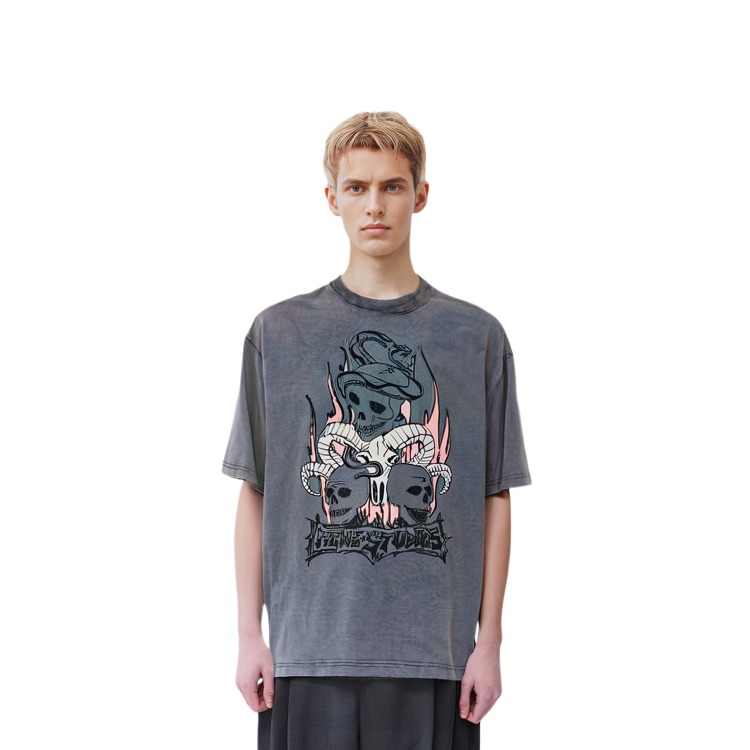 Purchase Acne Studios SS24 Baju T-Shirt Oversized Unisex Cetakan Skull Hitam Pudar. CL0267-BM0