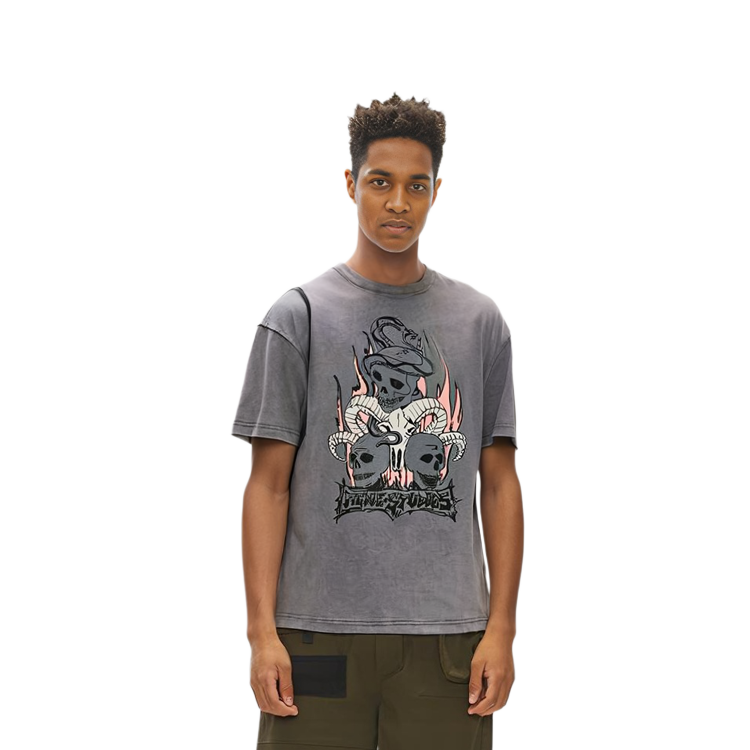 Details for Acne Studios SS24 Baju T-Shirt Oversized Unisex Cetakan Skull Hitam Pudar. CL0267-BM0