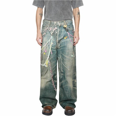 Acne Studios SS25 3D Print Washed Denim Jeans with Candy Chain - Blue Men’s. BK0676-MID BLUE Lookbook Acne Studios SS25 3D Print Washed Denim Jeans with Candy Chain - Blue Men’s. BK0676-MID BLUE