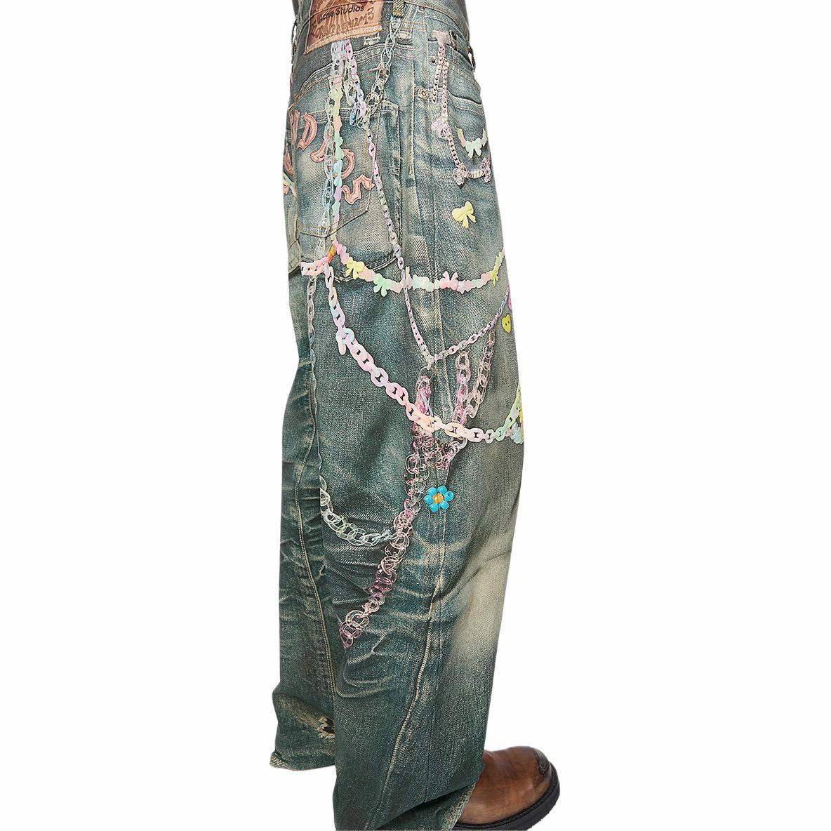 Shop Acne Studios SS25 3D 印花水洗牛仔褲附糖果鏈 - 藍色 男款。 BK0676-MID BLUE