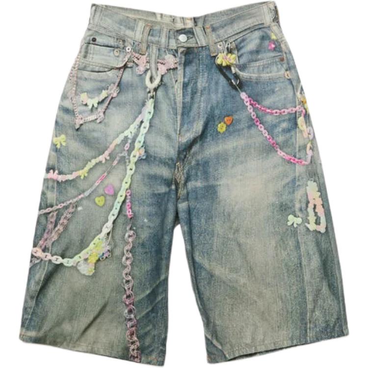 Acne Studios SS25 Loose Vintage Printed Wide-Leg Denim Shorts. BE0179-AUZ