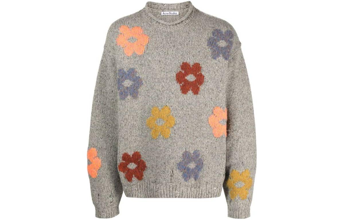 Acne Studios Unisex Floral Round Neck Loose Knit Sweater Gray B60285990