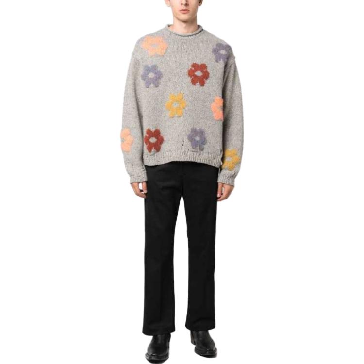 Shop Acne Studios 男女同款花卉圓領寬鬆針織毛衣 灰色 B60285990