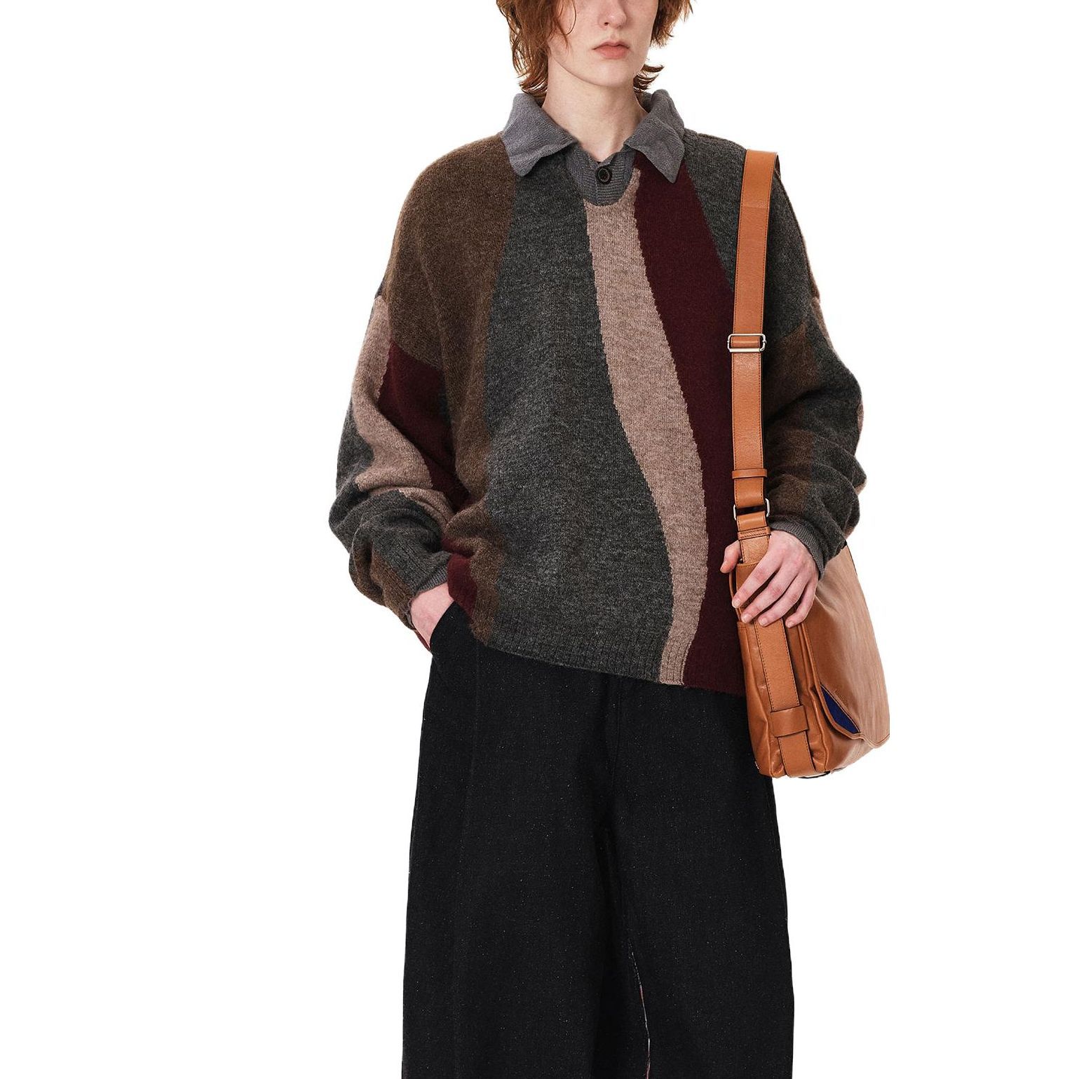 Details for ADER ERROR Sweater Rajut Blok Warna Coklat Oversized Unisex Kasual Pullover. BMADFWKT0302BR