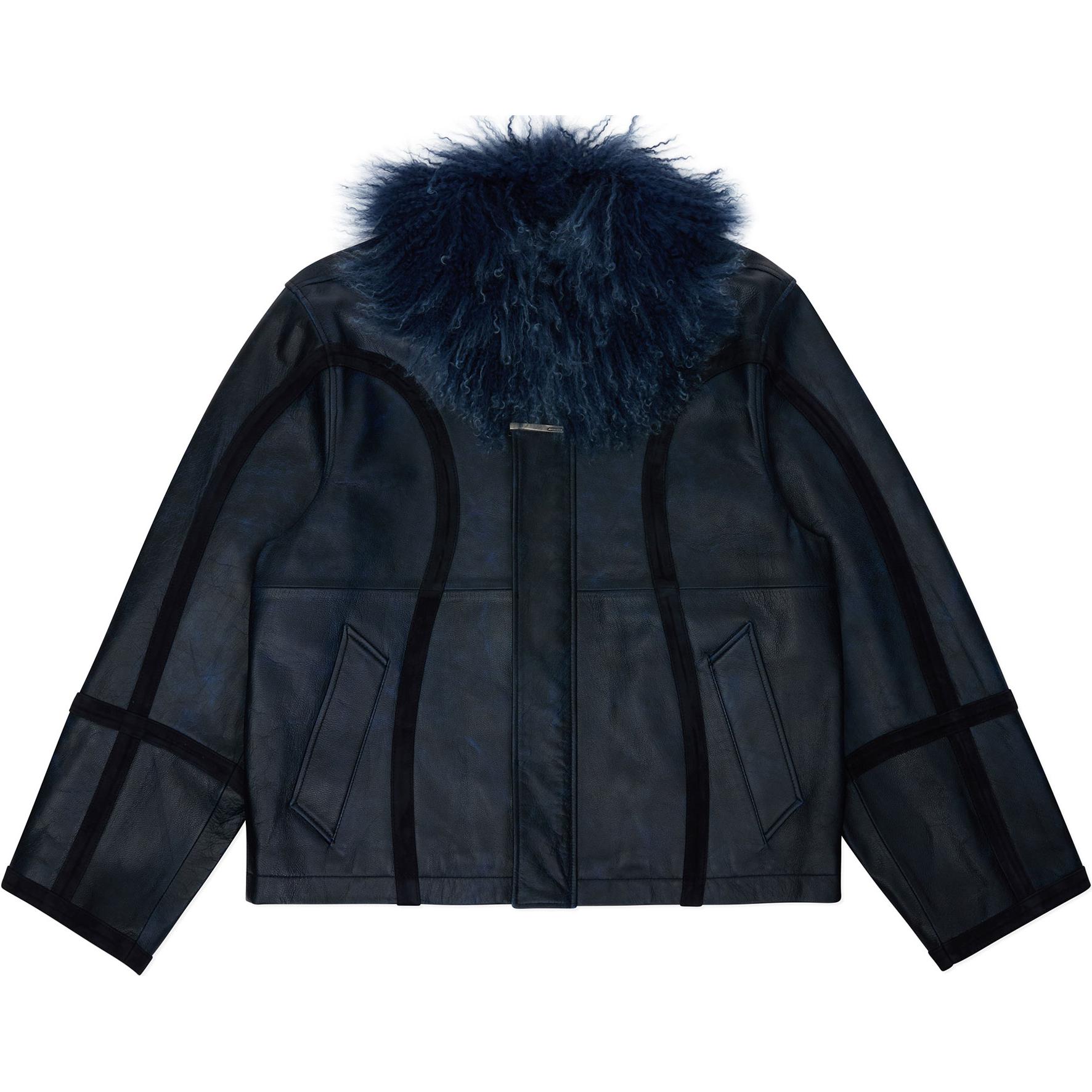 ADER ERROR FW24 Detachable Fur Collar Leather Jacket Blue-Unisex BN01FWJK0115BL