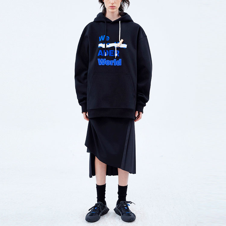 Shop ADER ERROR Logo Print Drawstring Pullover Hoodie Unisex Couple Style Black. BKAFWHD05BK