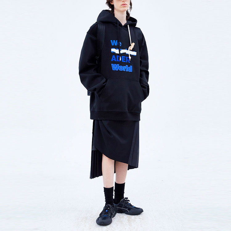 Sizing ADER ERROR Logo Print Drawstring Pullover Hoodie Unisex Couple Style Black. BKAFWHD05BK