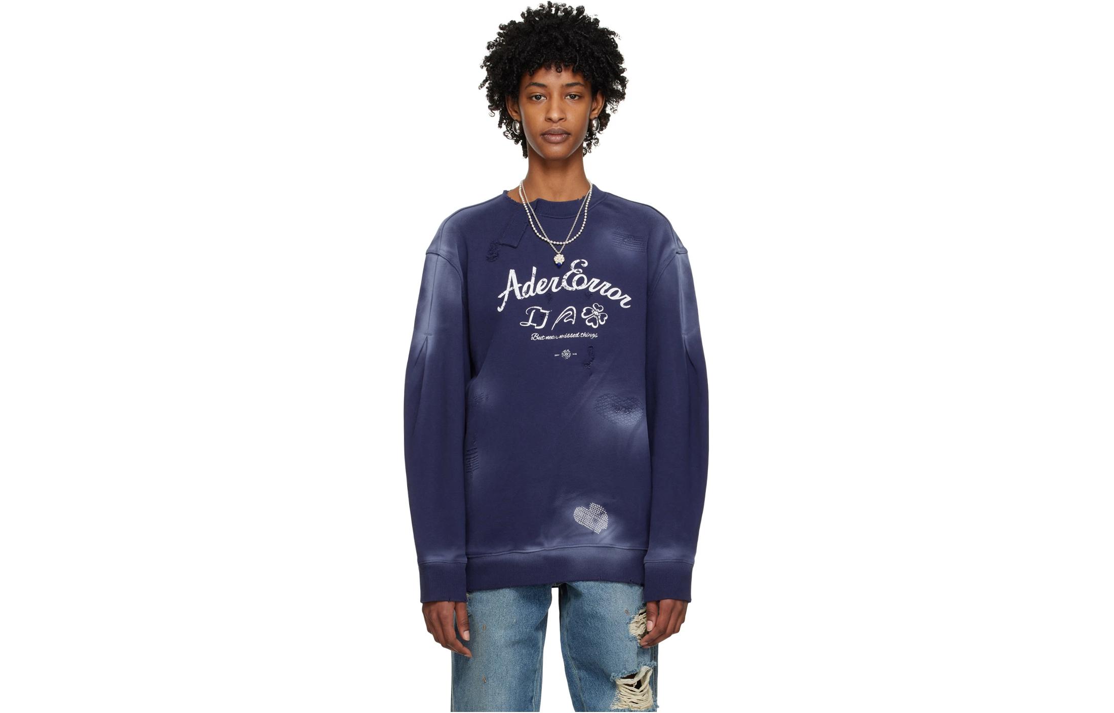 ADER ERROR Navy Blue Letter Crewneck Long Sleeve Sweatshirt () 231039F098008