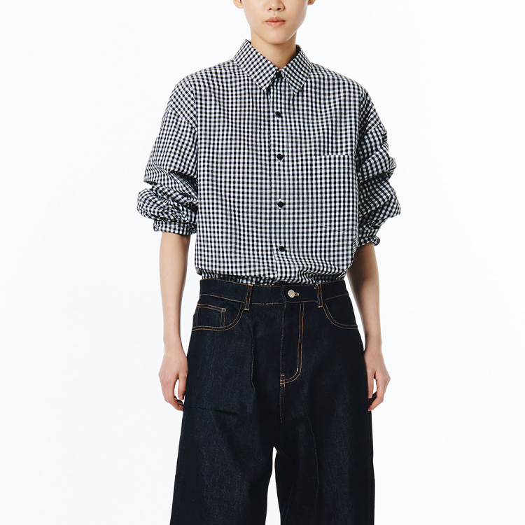 Shop ADER ERROR SS23 Baju Hitam Kotak Sulaman Unisex Lengan Panjang BMSGFYSH0102BK